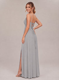 V-Neck Pleated Chiffon Long Bridesmaid Dress with Slit