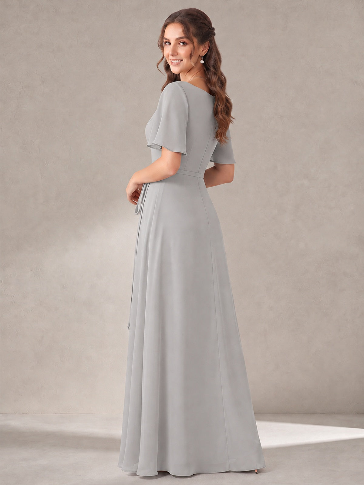 Scoop Neck A-line Chiffon Bridesmaid Dress with Flutter Sleeve & Belt
