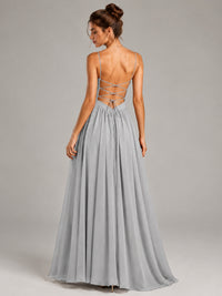 Spaghetti Strap Ruched Chiffon Maxi Dress with Backless