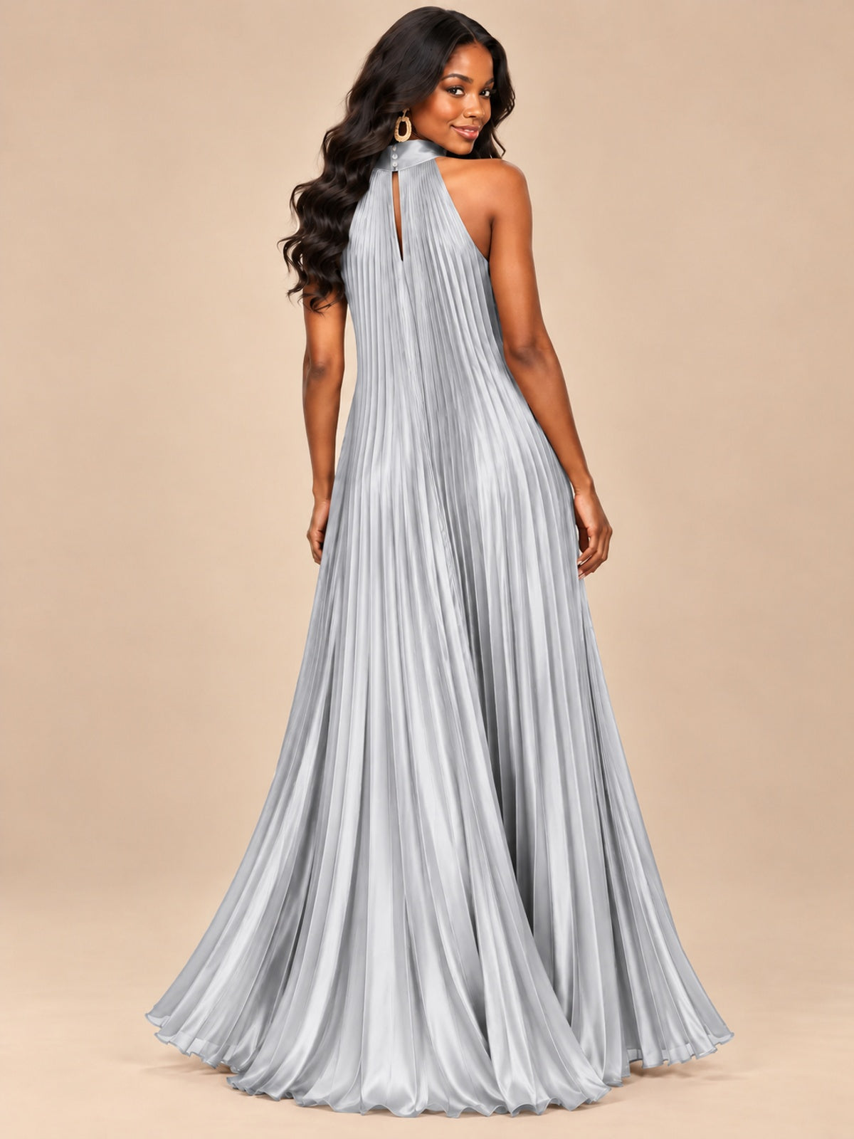 Rust Orange Pleated Halter Neck Maxi Dress
