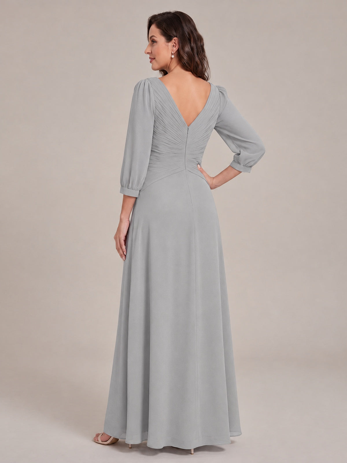 V-Neck Pleated Chiffon Mother of the Bride Dress with Flutter Sleeves