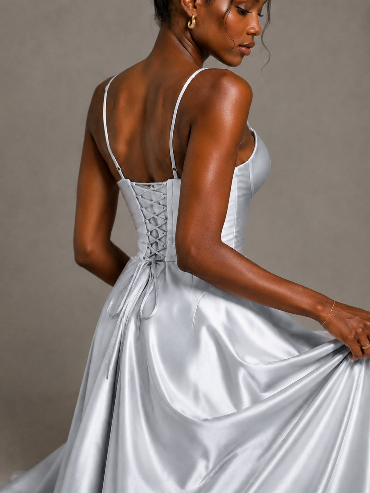 Lavender V Neck Satin Prom Dress with Spaghetti Straps