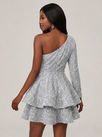 Puffy One Shoulder Sequin Tiered Mini Dress