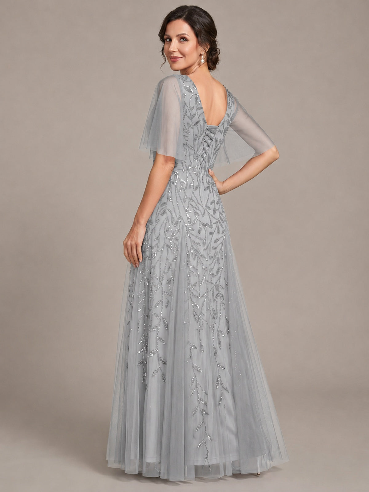 V-Neck Sequin Tulle Mother of the Bride Dress with Flutter Sleeve