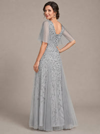 V-Neck Sequin Tulle Mother of the Bride Dress with Flutter Sleeve
