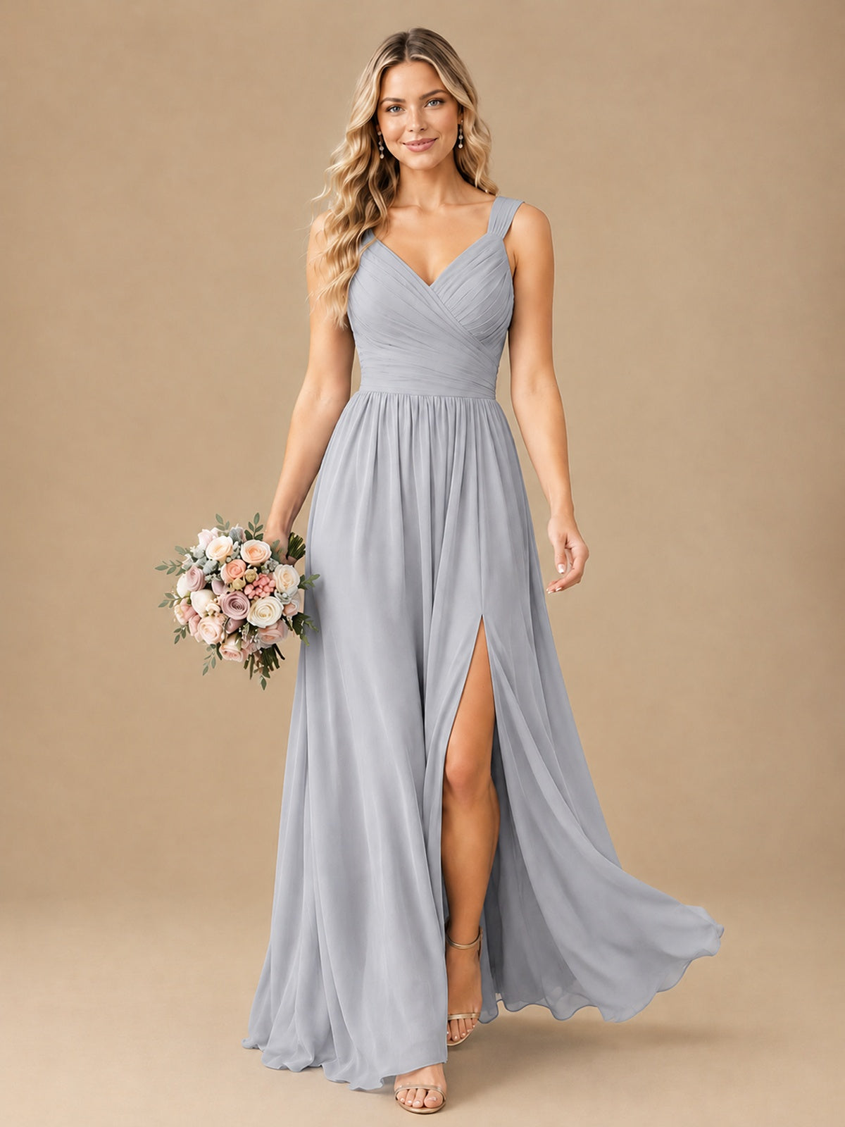 Pleated Chiffon V Neck Wedding Bridesmaid Dresses Floor Length with Slit