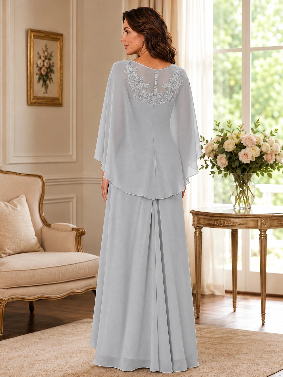 Elegant Chiffon Mother of the Bride Dress with Lace Applique and Cape Sleeves