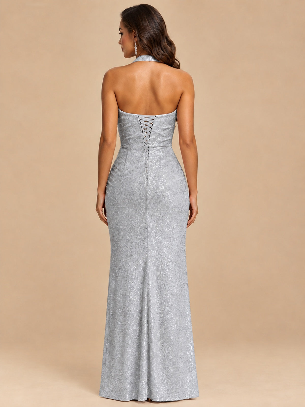 Halter V-Neck Sequin Mermaid Prom Dress with High Slit