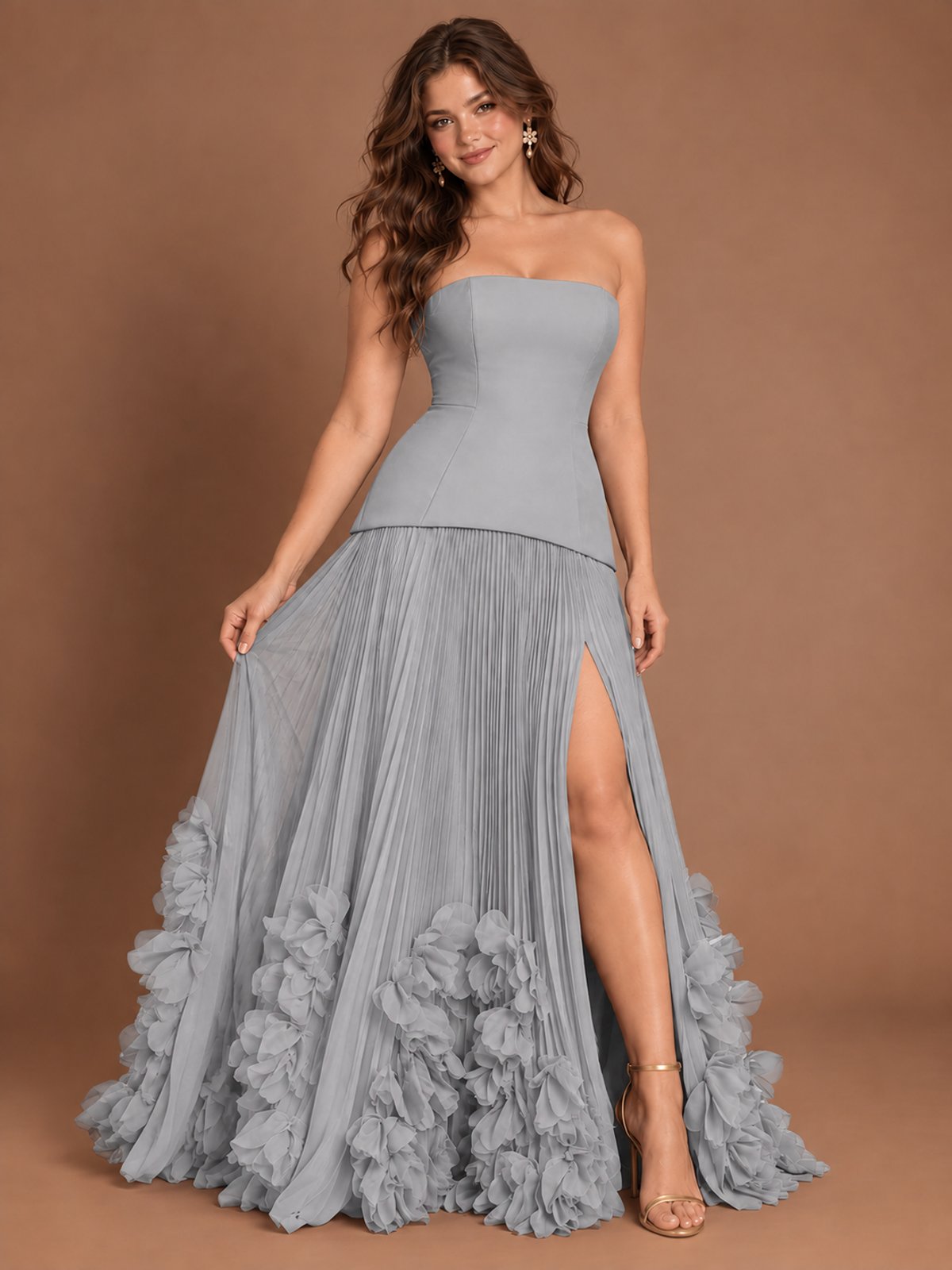 Strapless Pleated Floral Satin Formal Dress with Side Slit