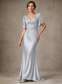 V-Neck Satin Mother of the Bride Dress with Flutter Sleeves