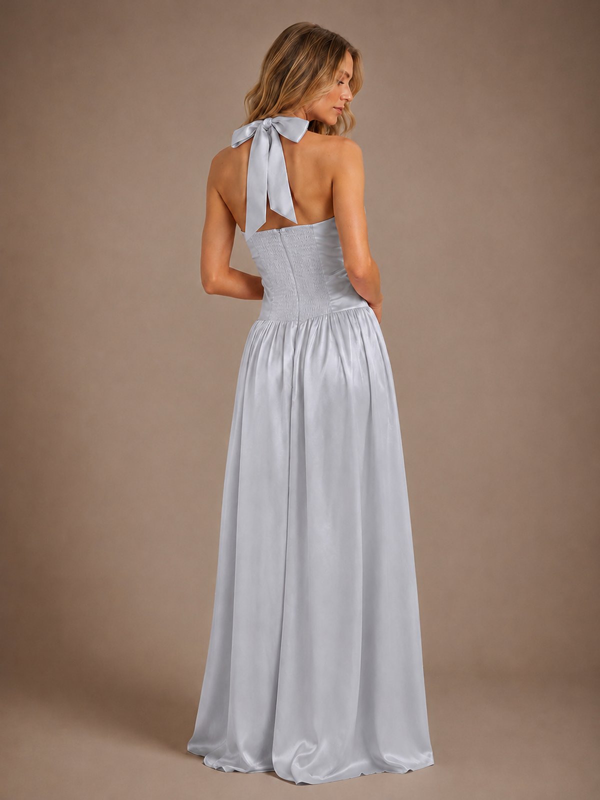 Pink V Neck Halter Satin Maxi Dress