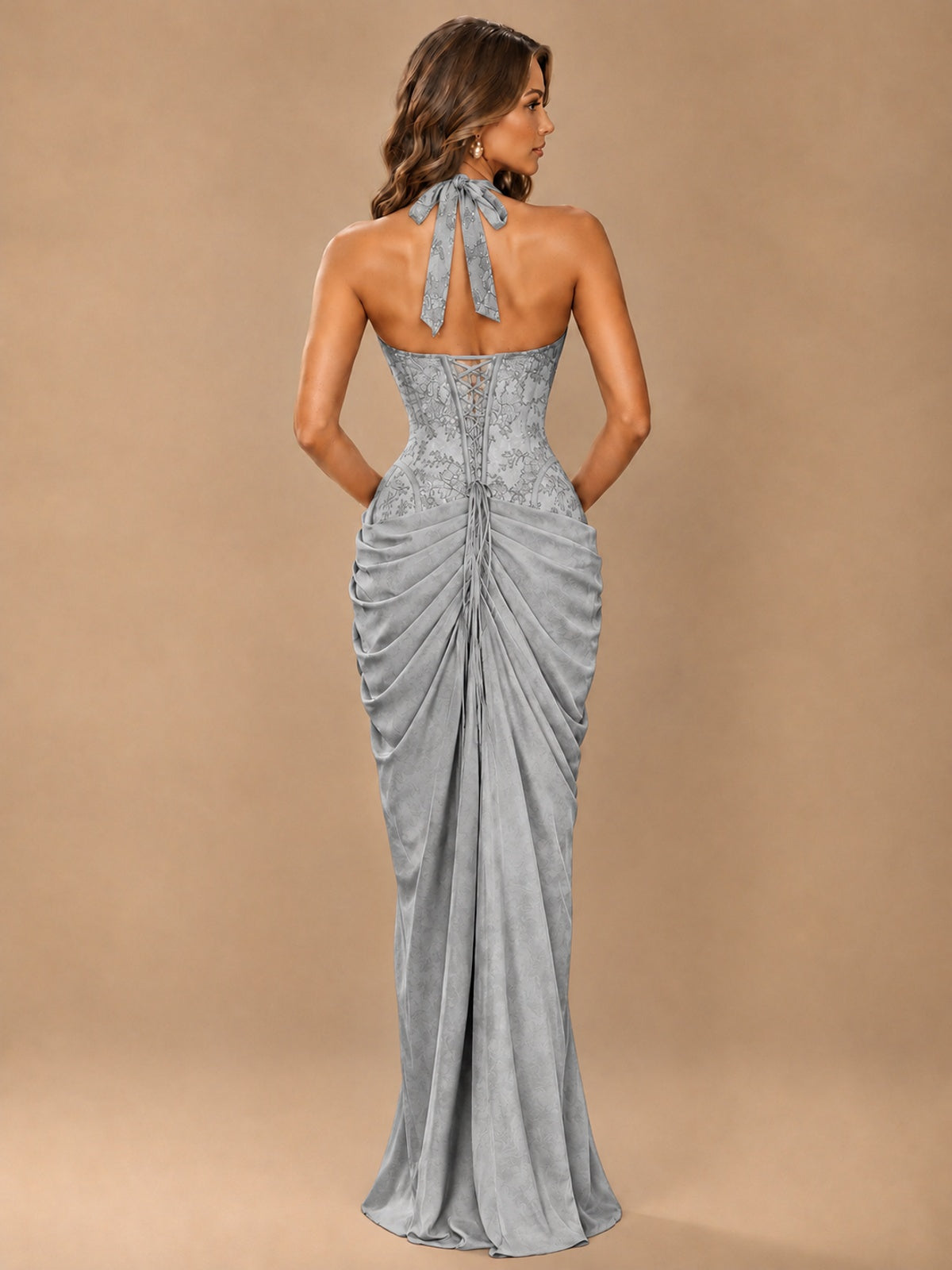 Sweetheart Halter Prom Dress Pleated Lace Floral Formal Dress with Slit