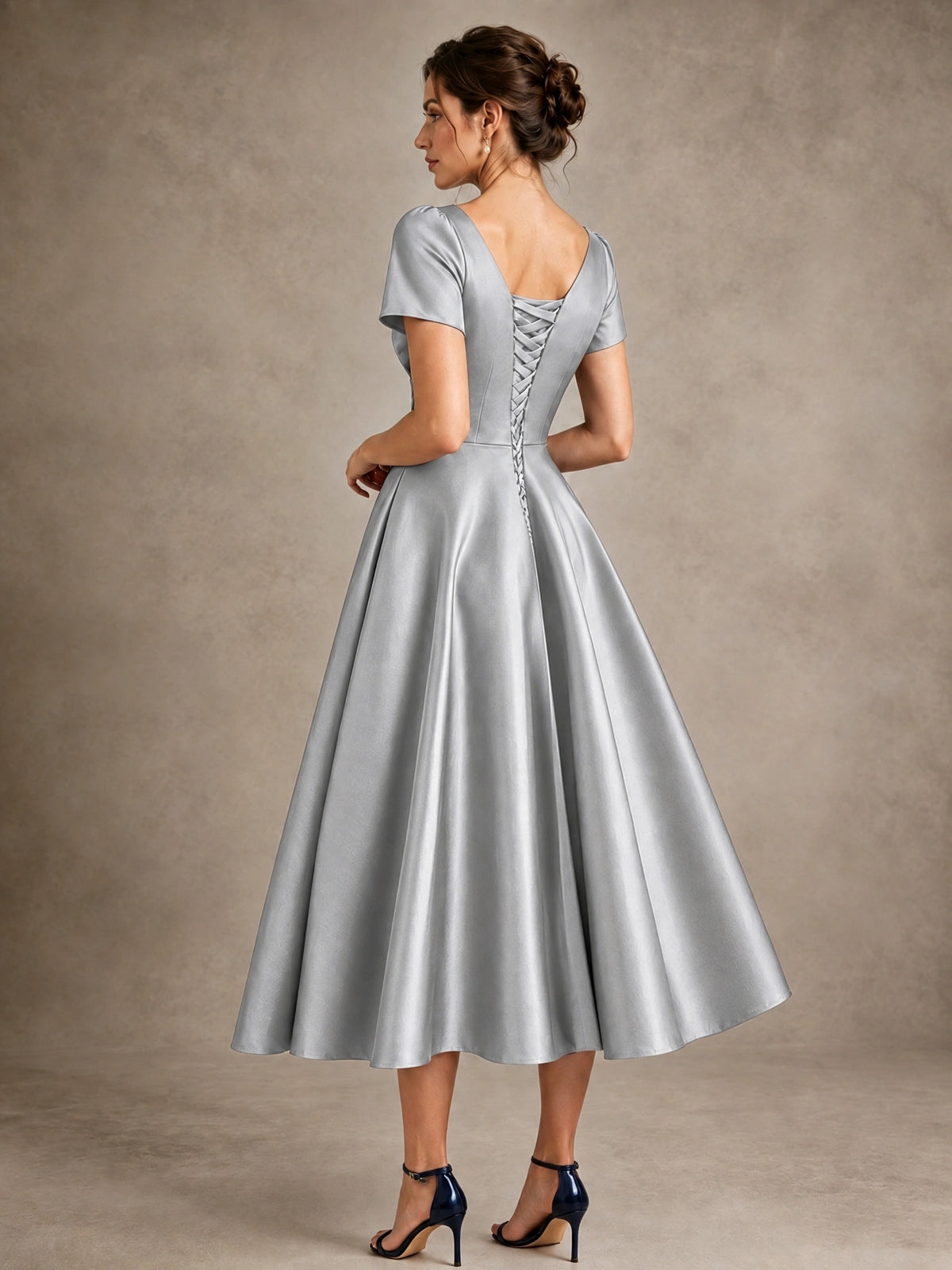 V-Neck Tea-Length Satin Mother of the Bride Dress with Bow