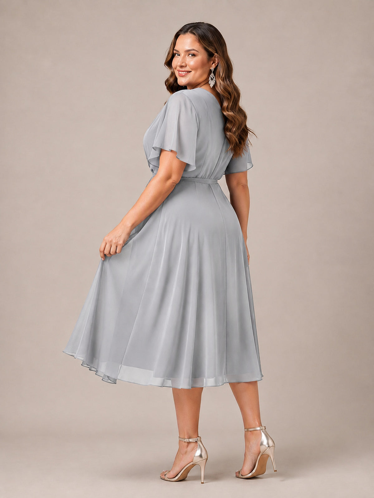 Navy Blue A-Line V-Neck Tea-Length Mother of the Bride Dress