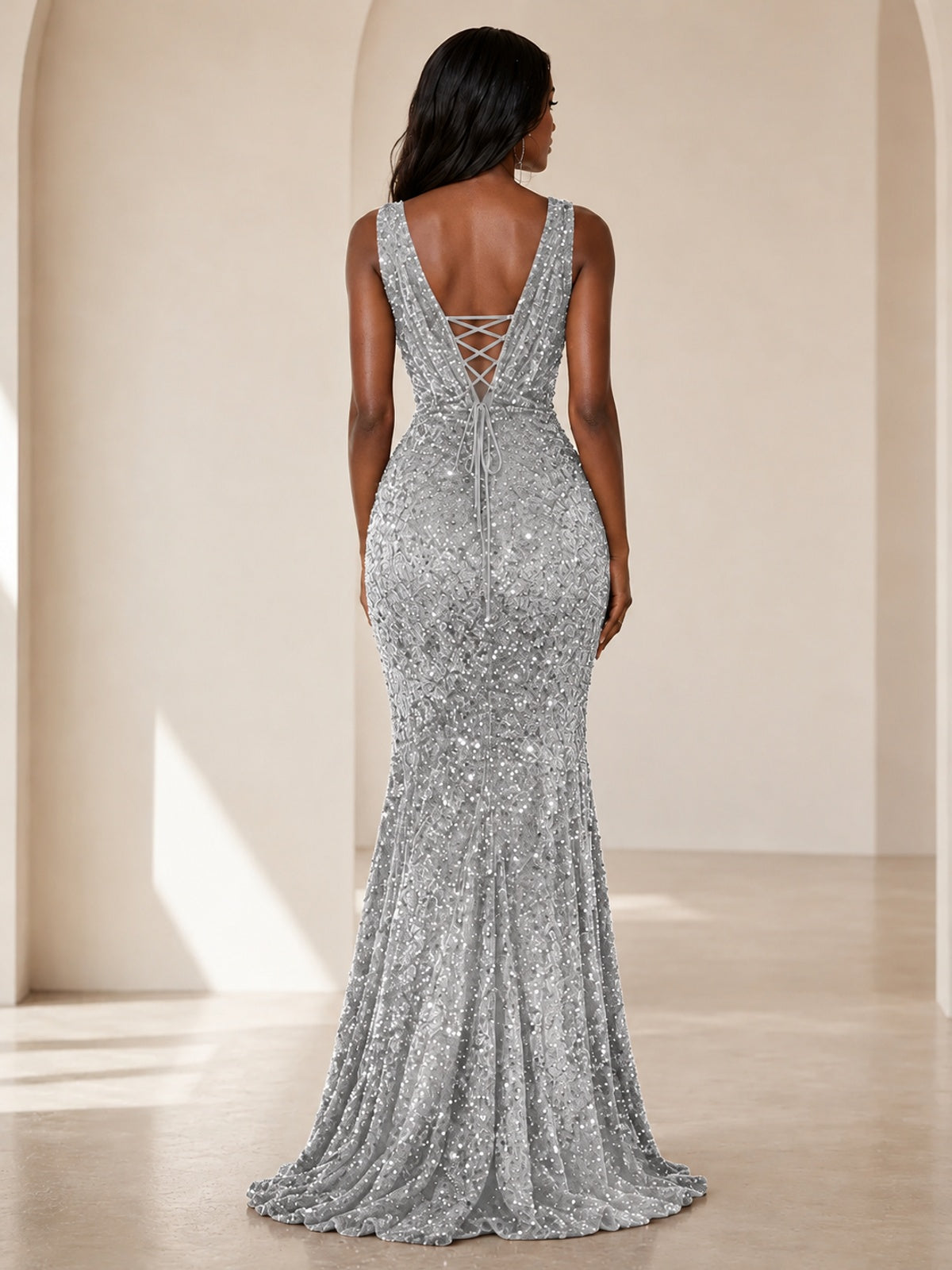 Sequin Mermaid Prom Dress with V-Neck and Ruched Waist