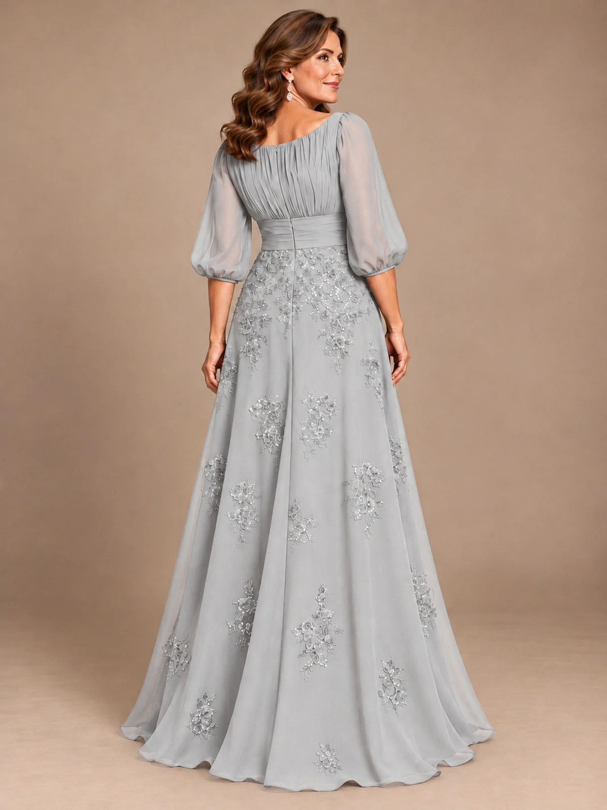 A-Line Mother of the Bride Dress with Sheer Puff Sleeves