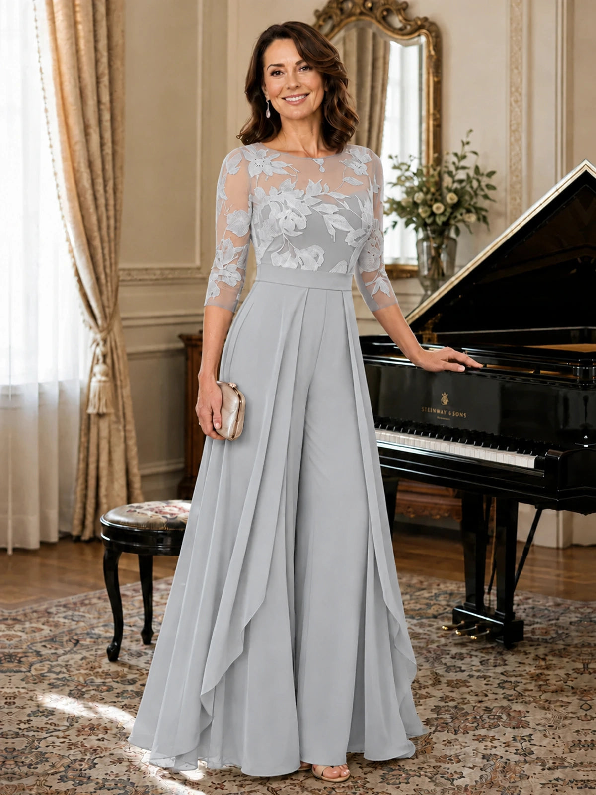 Lace Applique Wide-Leg Chiffon Mother of the Bride Jumpsuit