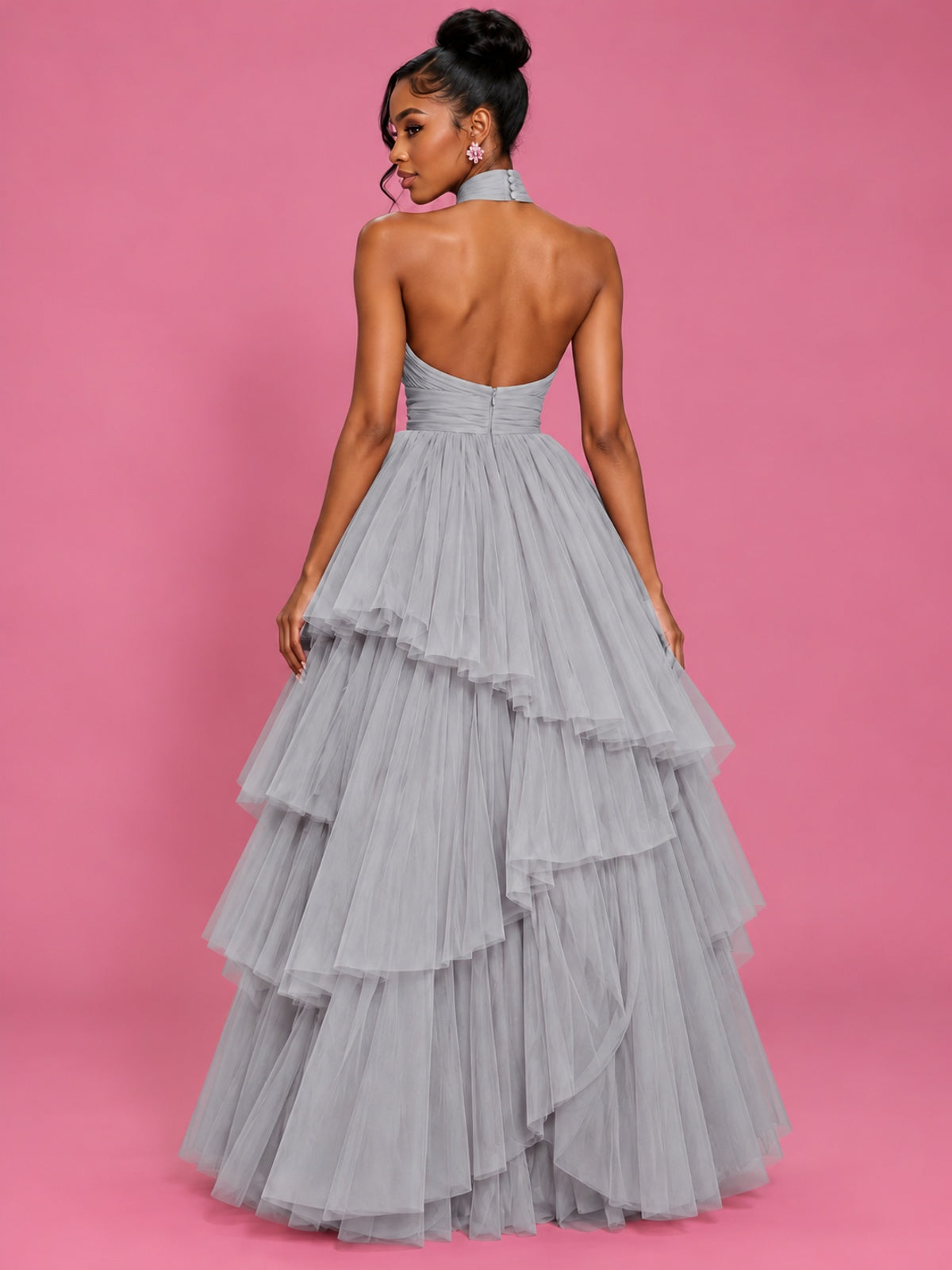 Hot Pink Tulle Halter Neck Tiered Ruffle Maxi Dress