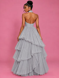 Hot Pink Tulle Halter Neck Tiered Ruffle Maxi Dress