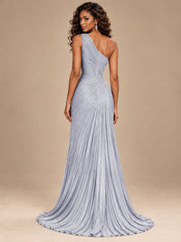 Burgundy One Shoulder Ruched Prom Dress with High Slit & Beaded Waist