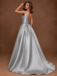 Satin A-Line Prom Dress Sleeveless Beaded Waist Formal Gown with Pockets