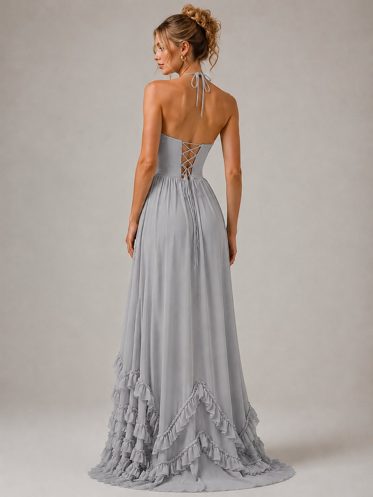 Halter V Neck Chiffon Formal Dress with Lace-Up Back and Ruffle Hem