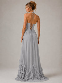 Halter V Neck Chiffon Formal Dress with Lace-Up Back and Ruffle Hem