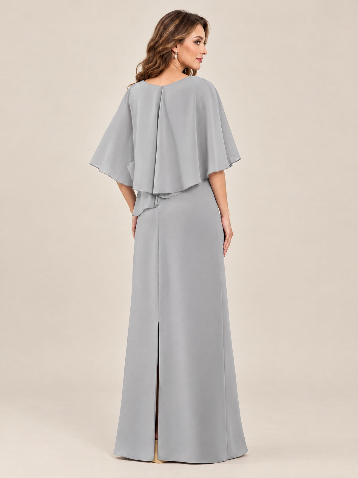 Cape Sleeve Mother of the Bride Dress with Asymmetrical Overlay