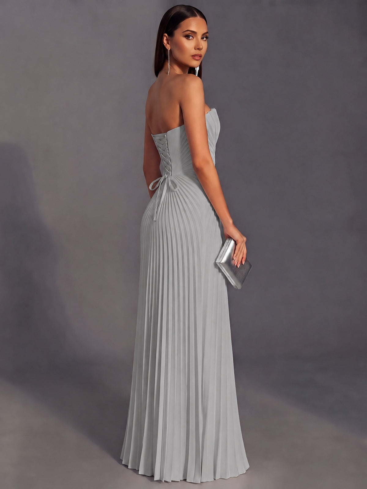 Strapless A-line Long Pleated Satin Prom Dress