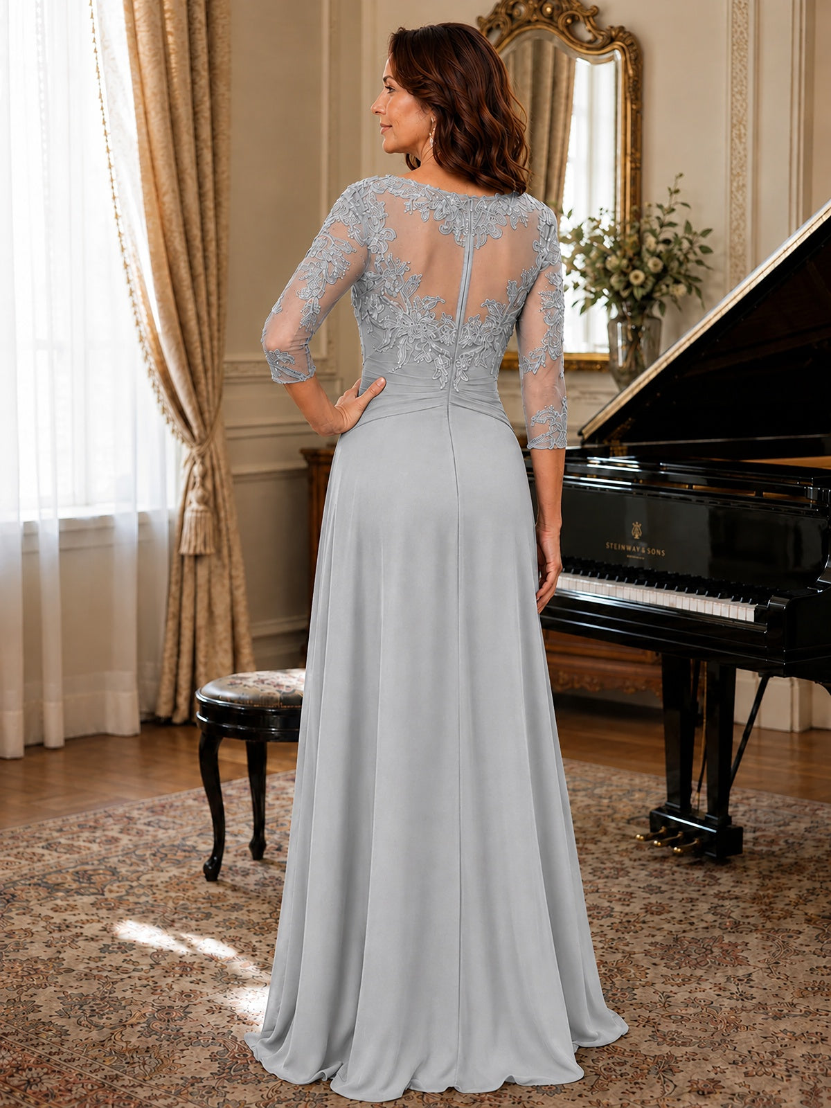 A-Line Chiffon Mother of the Bride Dress with Floral Applique 3/4 Sleeves