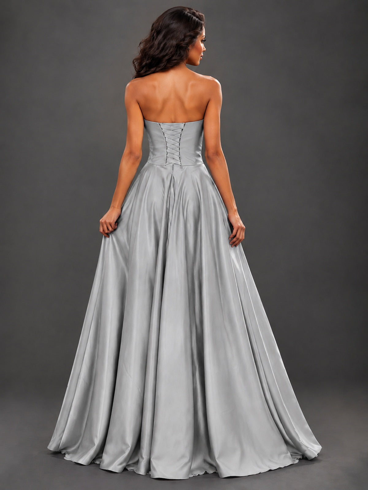 Draped Satin Prom Dress Strapless A-line Formal Dress Floor Length
