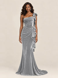 Black Velvet One-Shoulder Mermaid Evening Gown with Bow & Ruffles