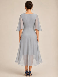 Cowl Neck Ruched Chiffon Mother of the Bride Dresses with Flutter Sleeves