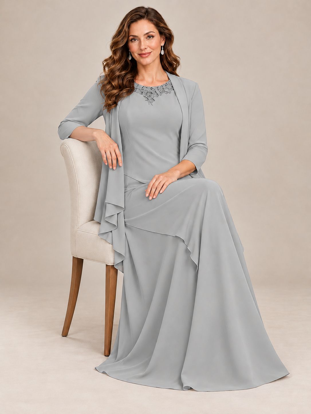 Dusty Blue Two-Piece Chiffon Mother of the Bride Dress with Jacket
