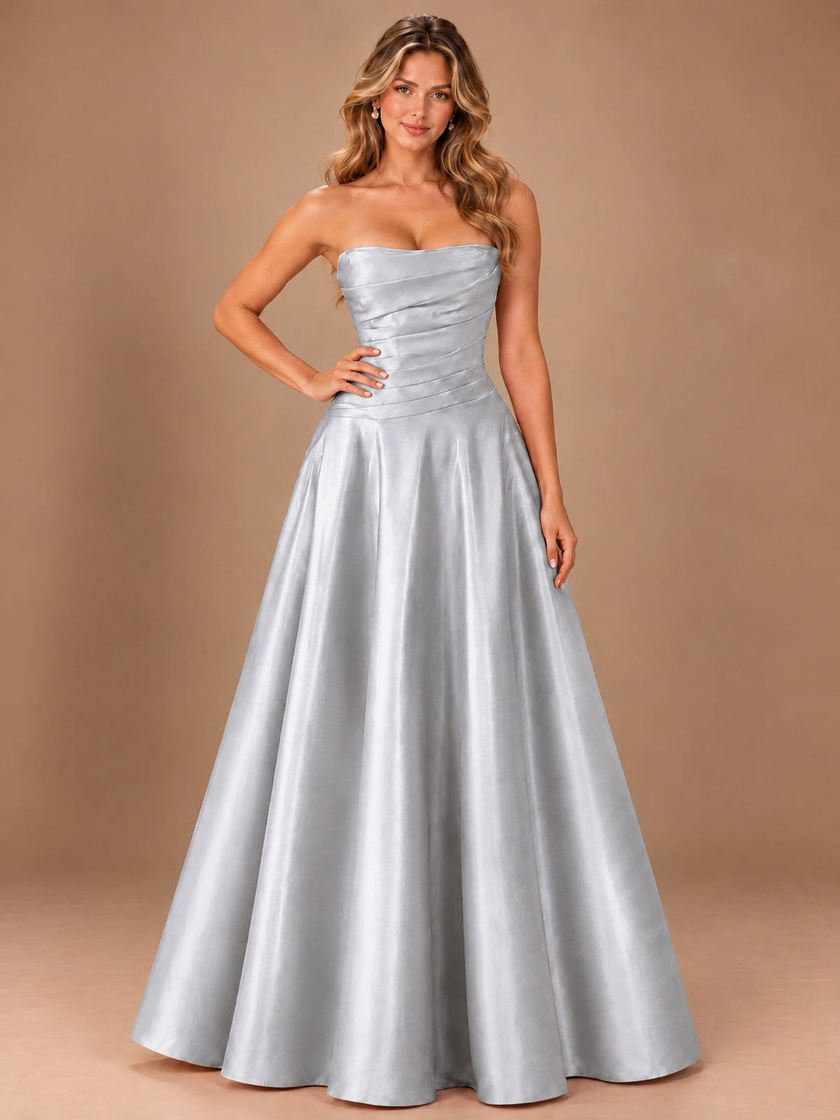 Blush Pink Strapless Satin A-Line Prom Dress with Ruched Bodice