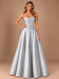 Blush Pink Strapless Satin A-Line Prom Dress with Ruched Bodice