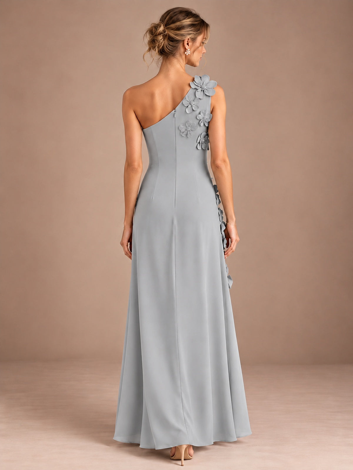 Sage Green One Shoulder Satin Formal Maxi Dress with 3D Floral