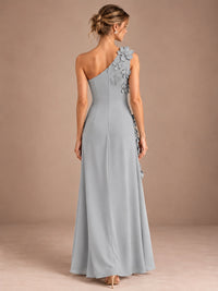 Sage Green One Shoulder Satin Formal Maxi Dress with 3D Floral