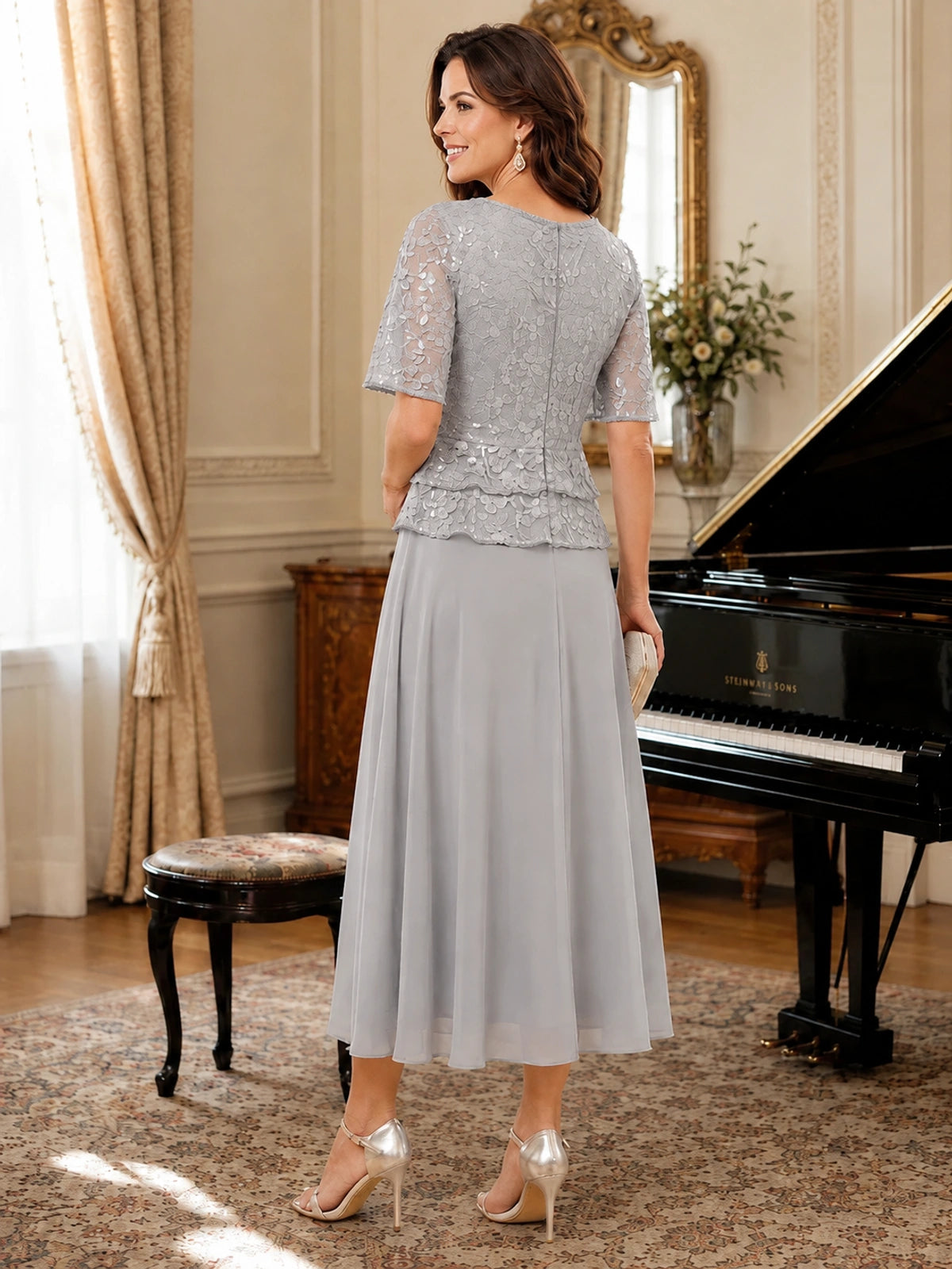 Tea-Length Chiffon Mother of the Bride Dress with Sequin Lace Sleeves