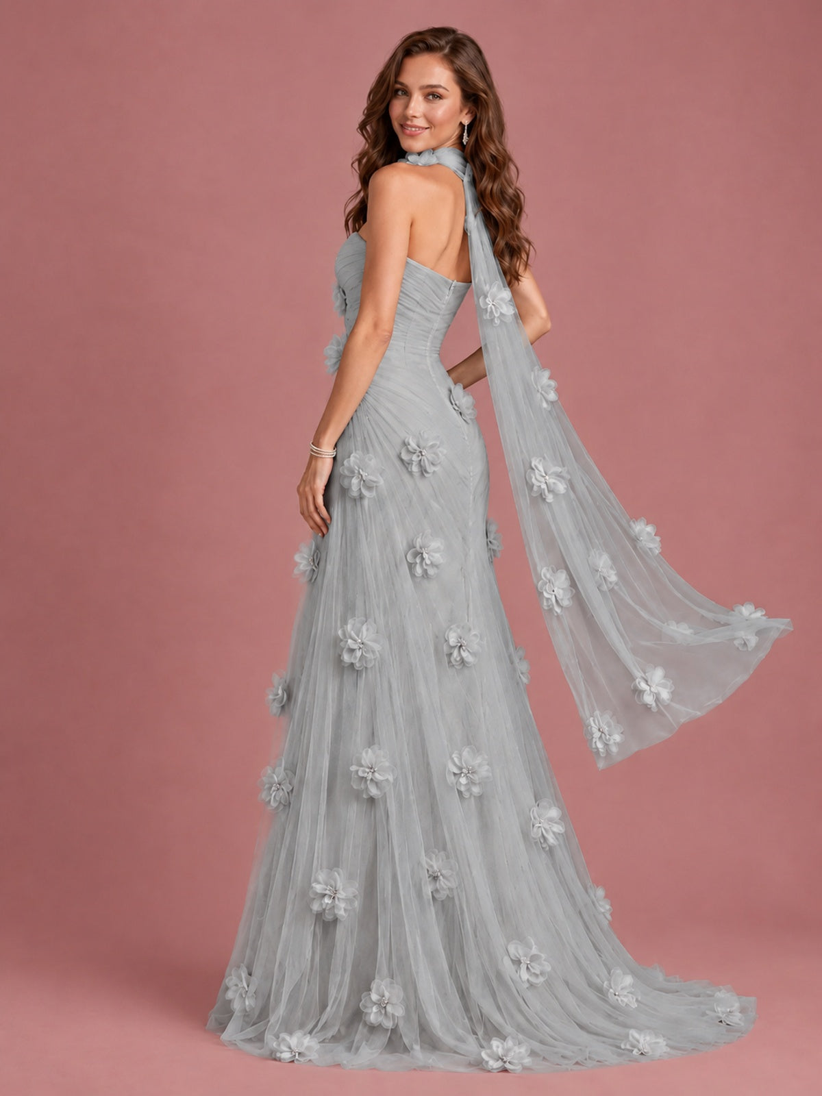 Blush Pink Strapless Sweetheart 3D Floral Tulle Mermaid Prom Dress
