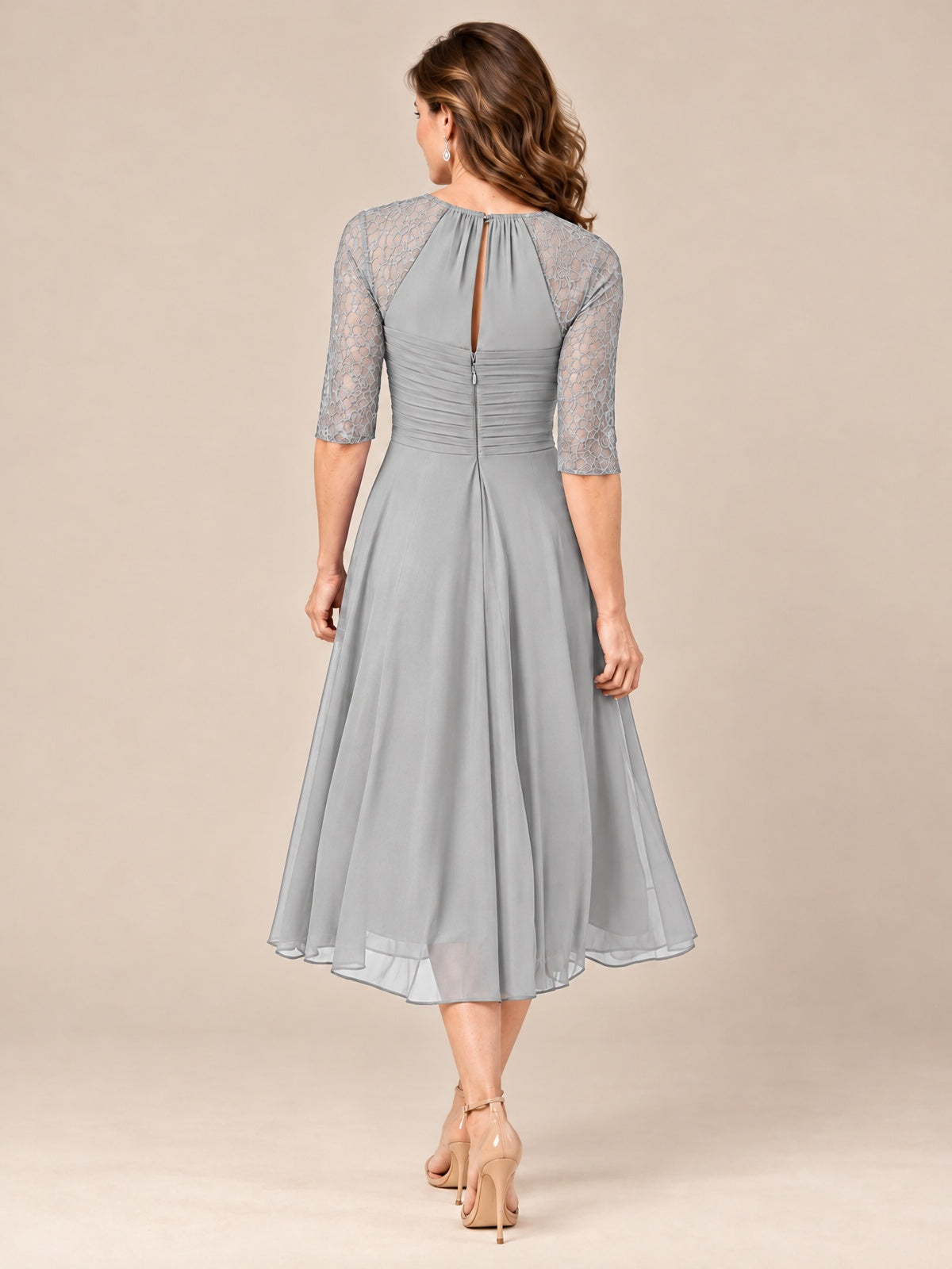 Tea-Length Mother of the Bride Dress with Lace 3/4 Sleeves