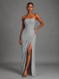 Strapless Bodycon Pleated Chiffon Formal Dress with Slit