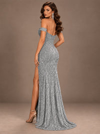 Off the Shoulder Corset Sequin Mermaid Prom Dress with Slit