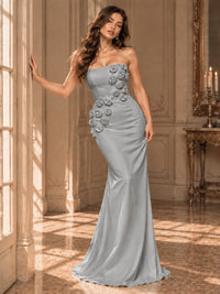 White Strapless Mermaid Maxi Dress with 3D Floral Appliques