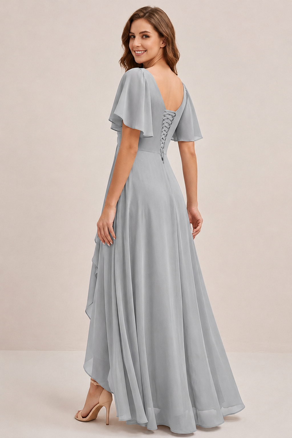 Dusty Blue Chiffon Bridesmaid Dress with Flutter Sleeves & High-Low Hem