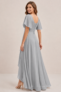 Dusty Blue Chiffon Bridesmaid Dress with Flutter Sleeves & High-Low Hem