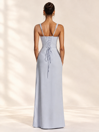 Square Neck Satin Sleeveless Ruched Prom Dress with High Slit