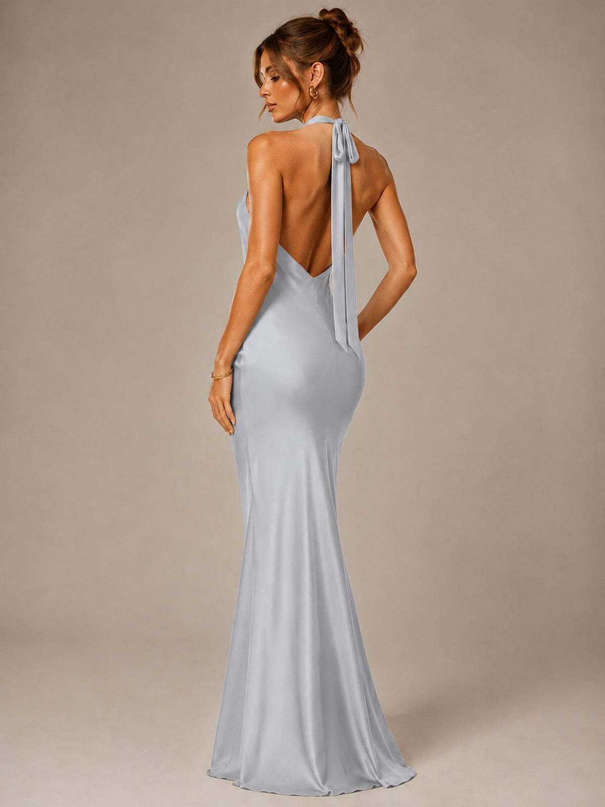 Olive Green Halter Satin Mermaid Maxi Dress