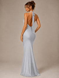 Olive Green Halter Satin Mermaid Maxi Dress