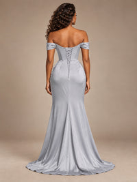 Burgundy Off-the-Shoulder Satin Corset Prom Dress with Slit
